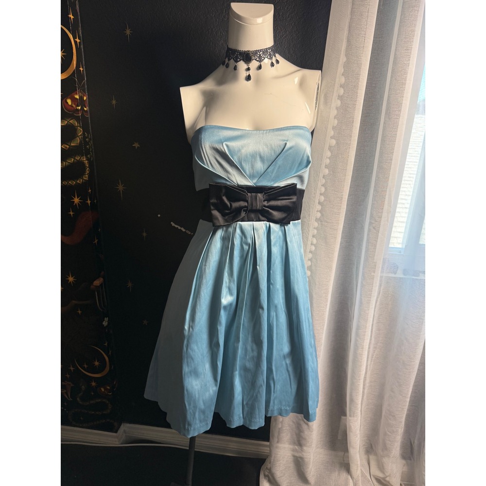 Speechless Strapless Blue Satin Party Dress Black Bow Waist Cocktail Size 9